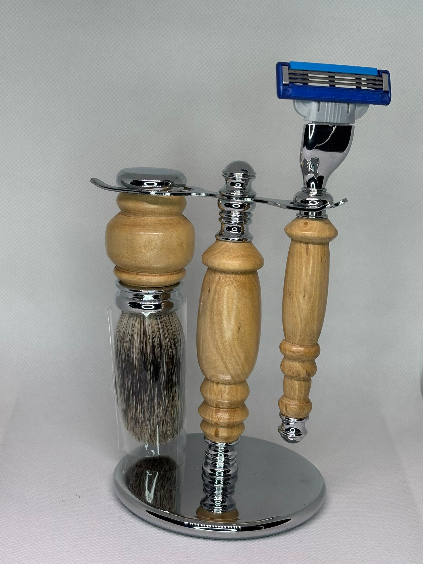 Hand-carved Razor, Stand and Beaver Hair Brush