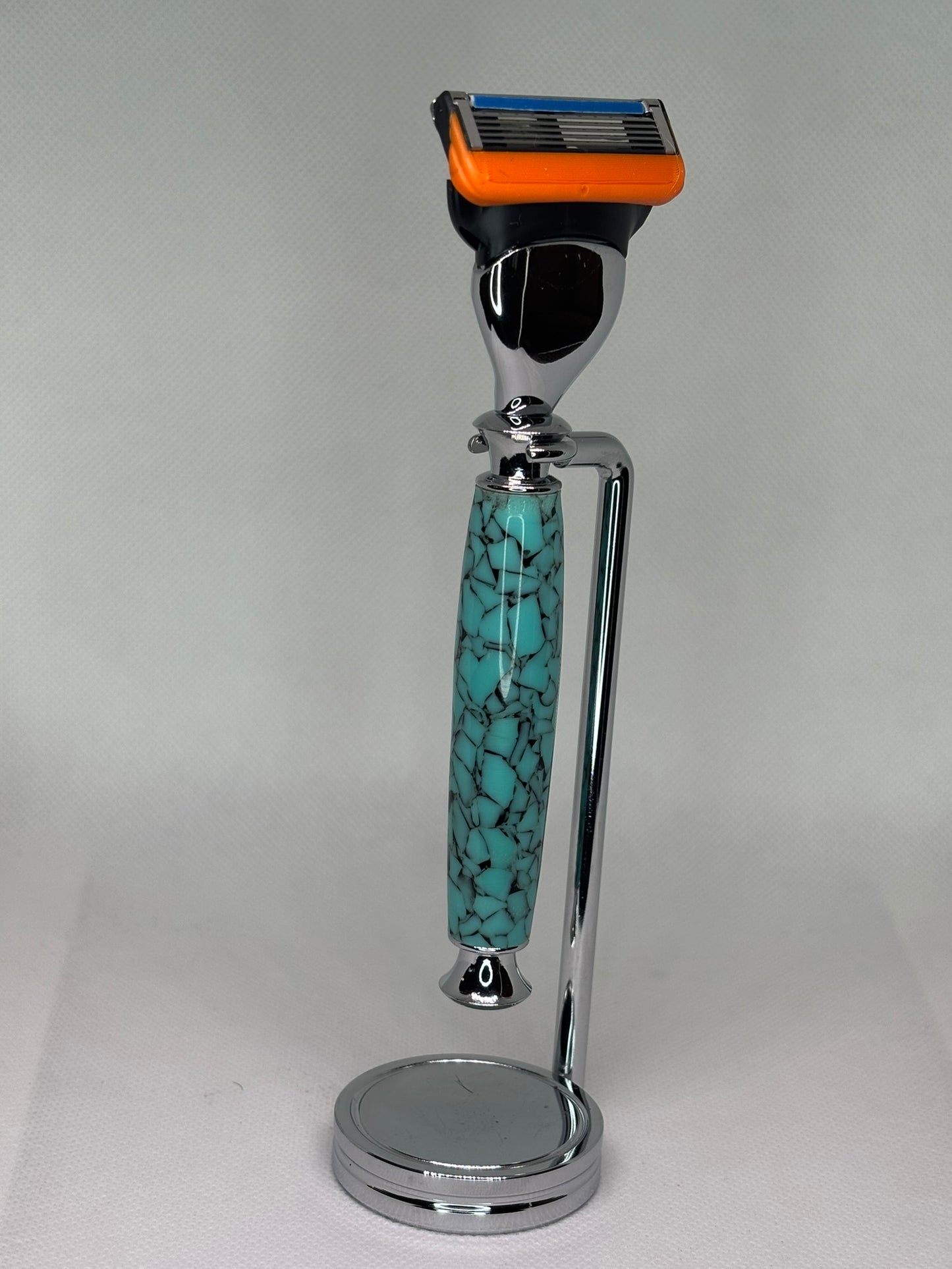 Hand-Carved Razor with Chrome Stand