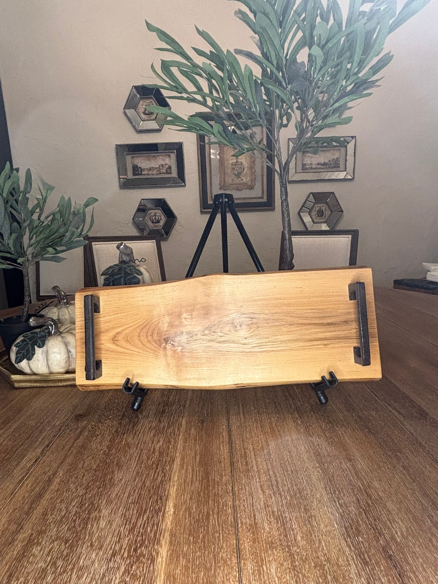 Natural Edge Charcuterie Board with Rustic Iron Handles